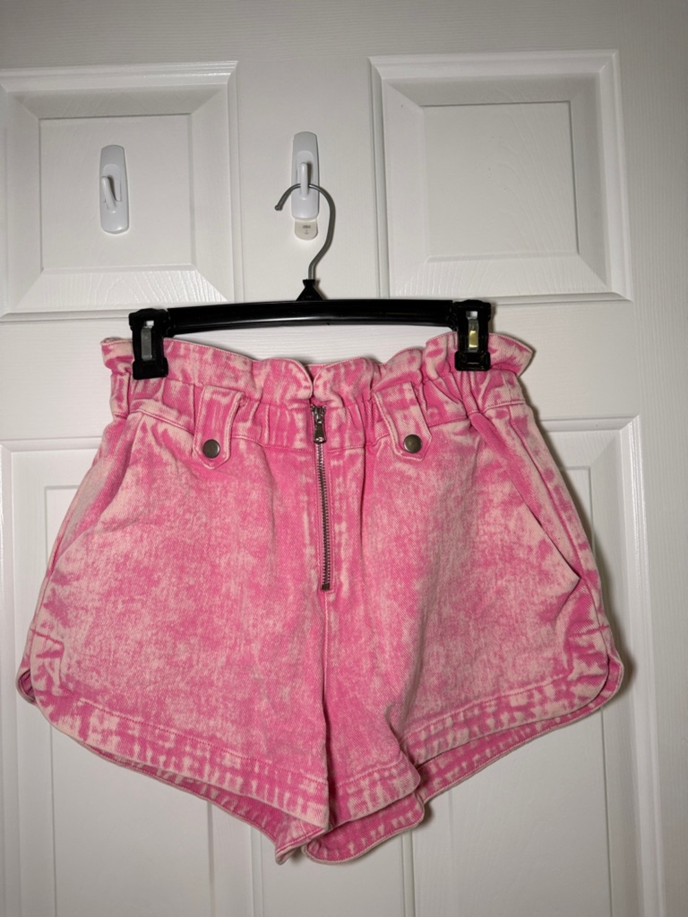 High-Waist Pink Paperbag Denim Shorts
